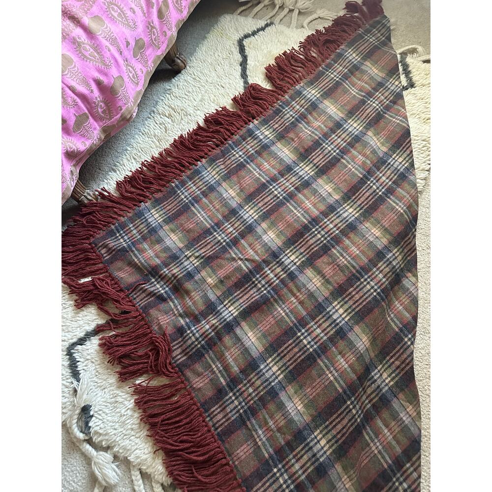 Vintage Plaid Wool Shaw Fringe Triangle brown rust gray olive green 82”x82” - Picture 14 of 16